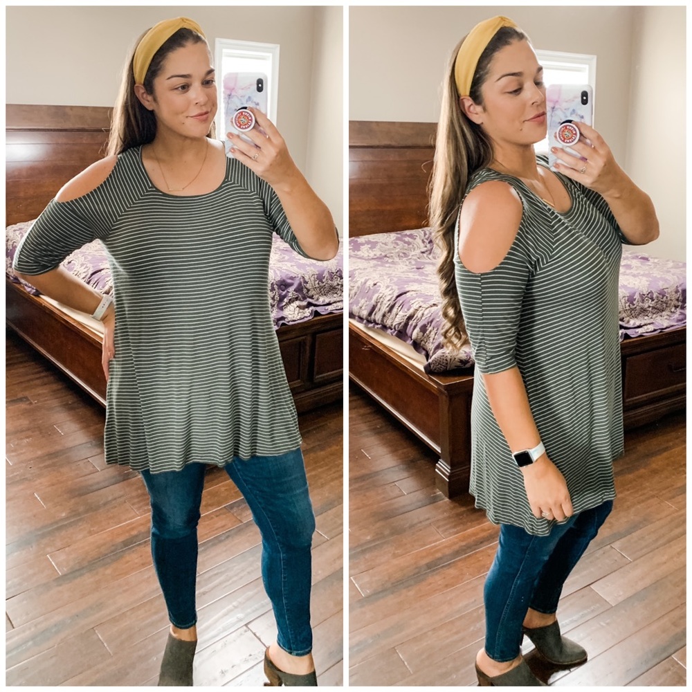 Olive Green & White Striped Tunic Top